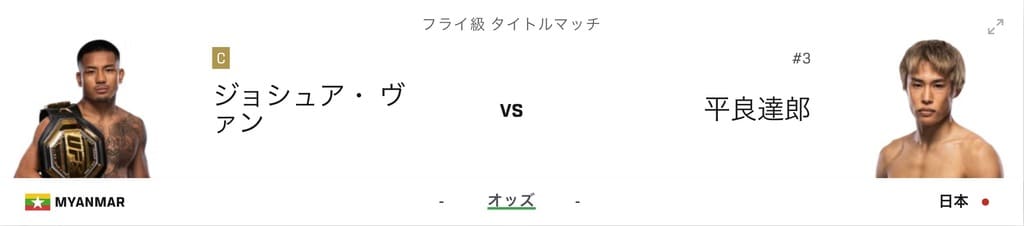 UFC328 コメインイベント フライ級タイトルマッチ ジョシュア・ヴァン vs 平良達郎